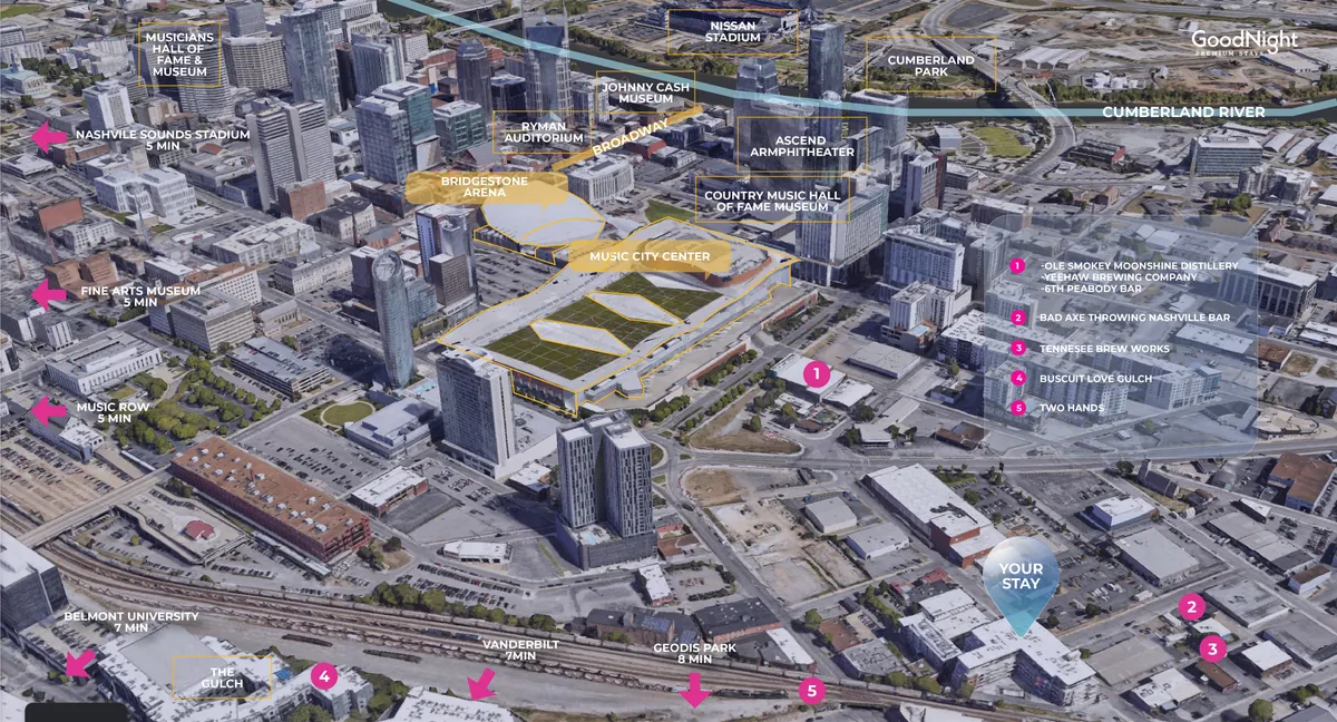 A sweeping city view featuring iconic Nashville landmarks such as Bridgestone Arena, the Music City Center, the Cumberland River, and the Nashville Sounds Stadium. The scene buzzes with the energy of the city and hints at the proximity to top attractions.